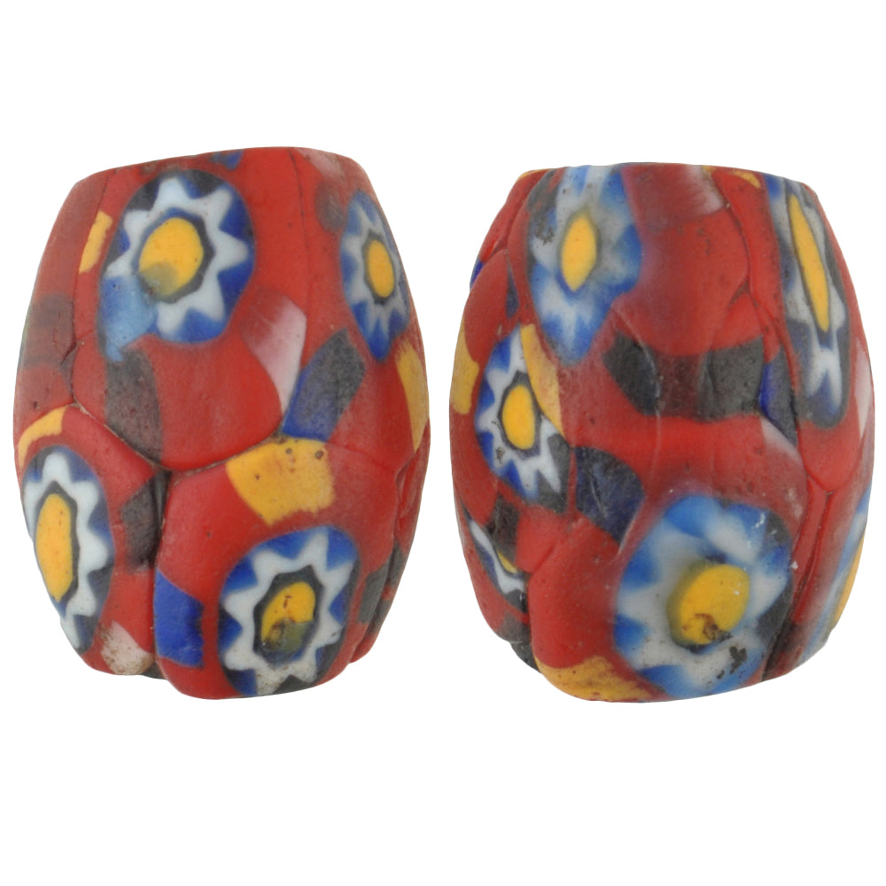 Antique Venetian Oval Millefiori Mosaic Glass Trade Beads - Rare Pair