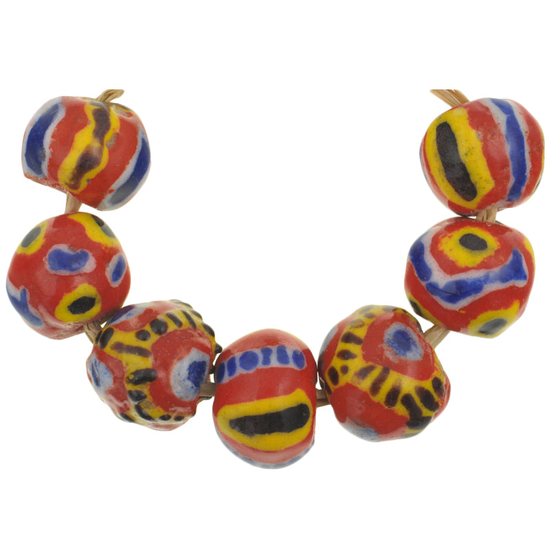 Large Round New Polychrome Kiffa Glass Trade Beads - 7Pc