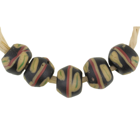 Antique Black Bicone Venetian Lampwork Glass Trade Beads With Trail Design