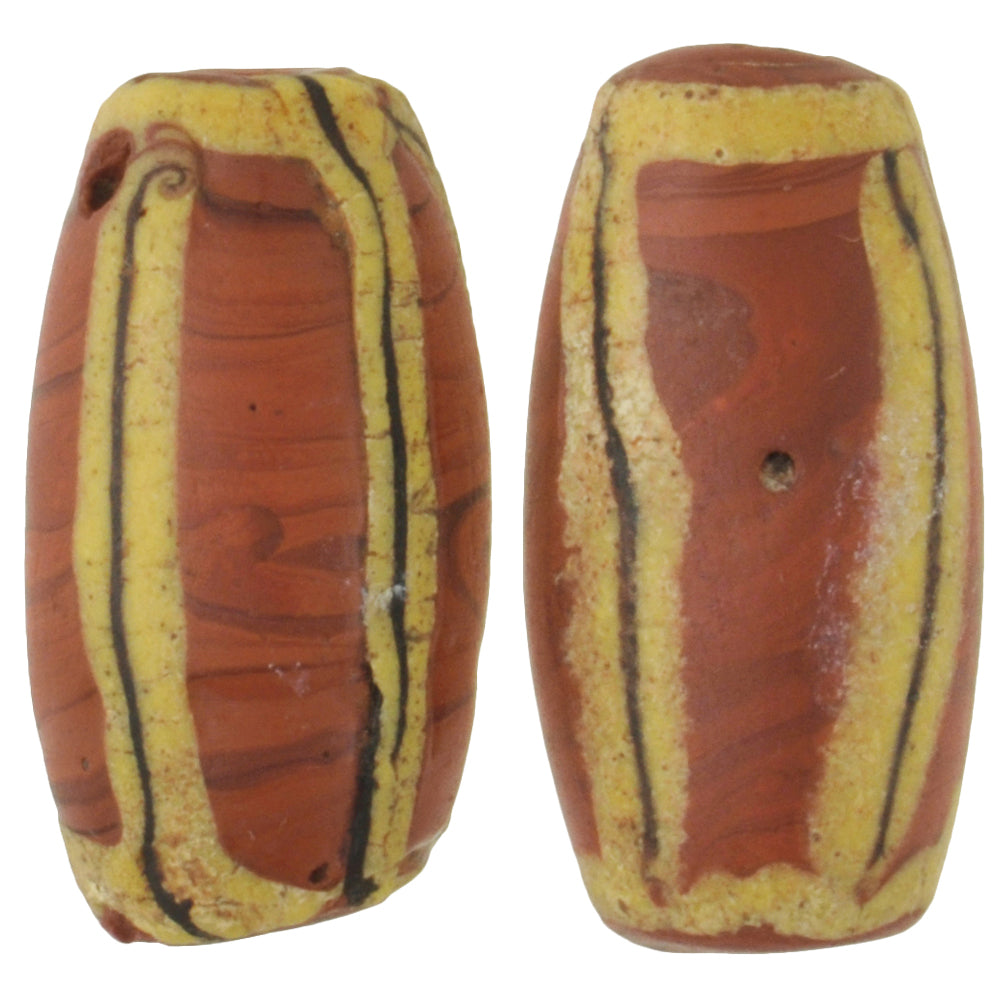 Antique Striped Brick Venetian Lampwork Glass Trade Beads Pair, 20X10Mm