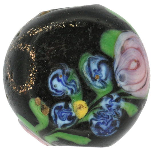 Rare Old Black "Flower" Venetian Wound Glass Trade Bead With Aventurine