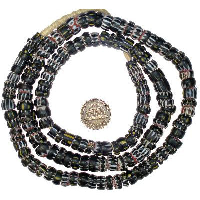 Old Strand Of Black 4-Layer Chevron "Yellow Jacket" Beads, 82Cm