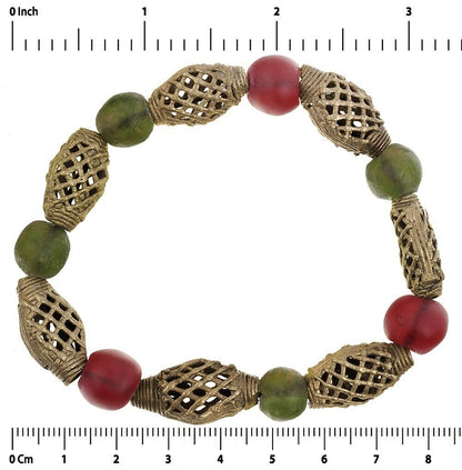 African Beaded Bracelet - Handmade Glass & Brass Beads - zoomed-in detail