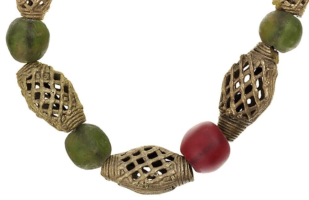 African Beaded Bracelet - Handmade Glass & Brass Beads - close-up