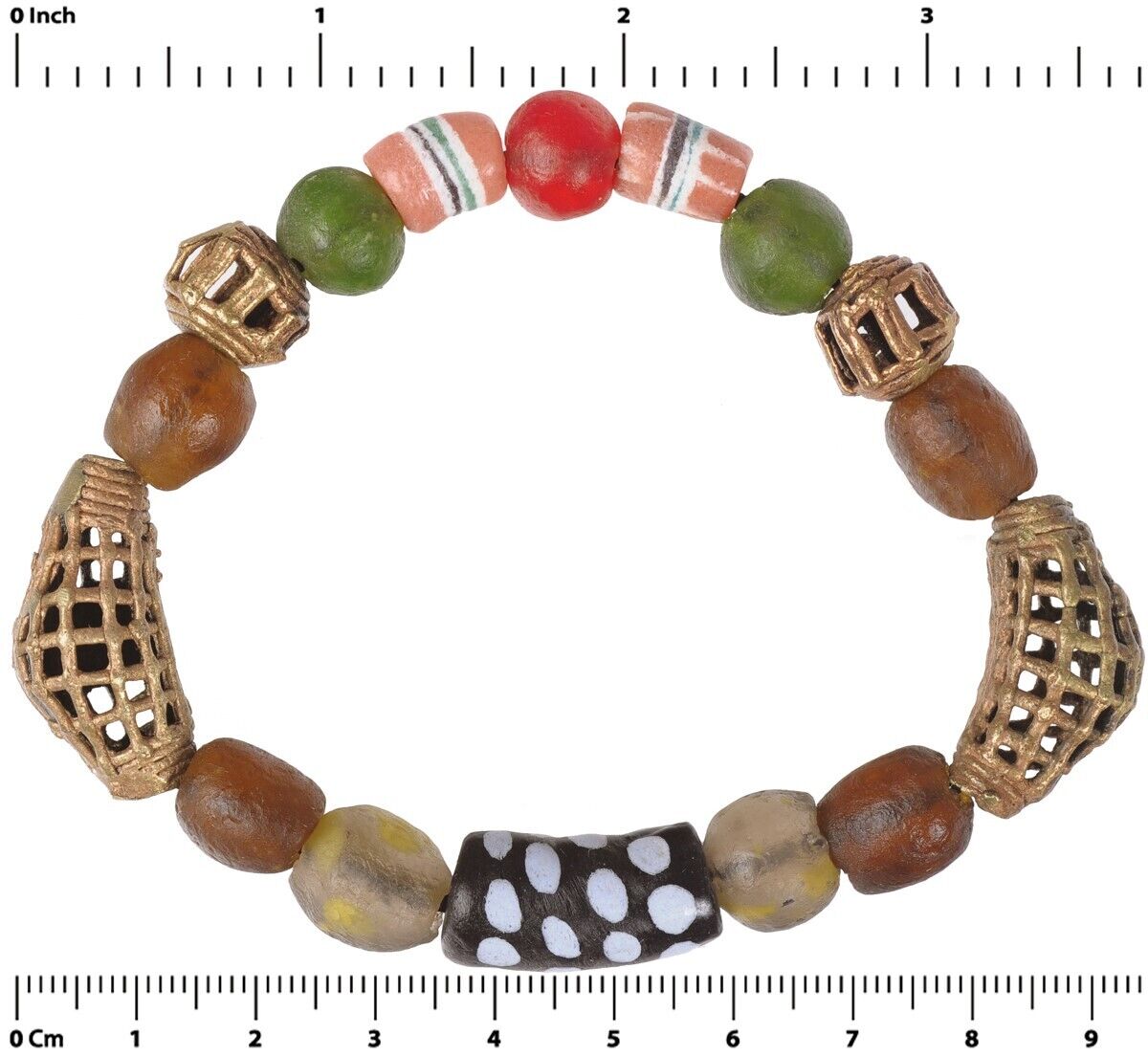 Handmade Beaded Bracelet - Glass & Brass Beads From Ghana - zoomed-in detail