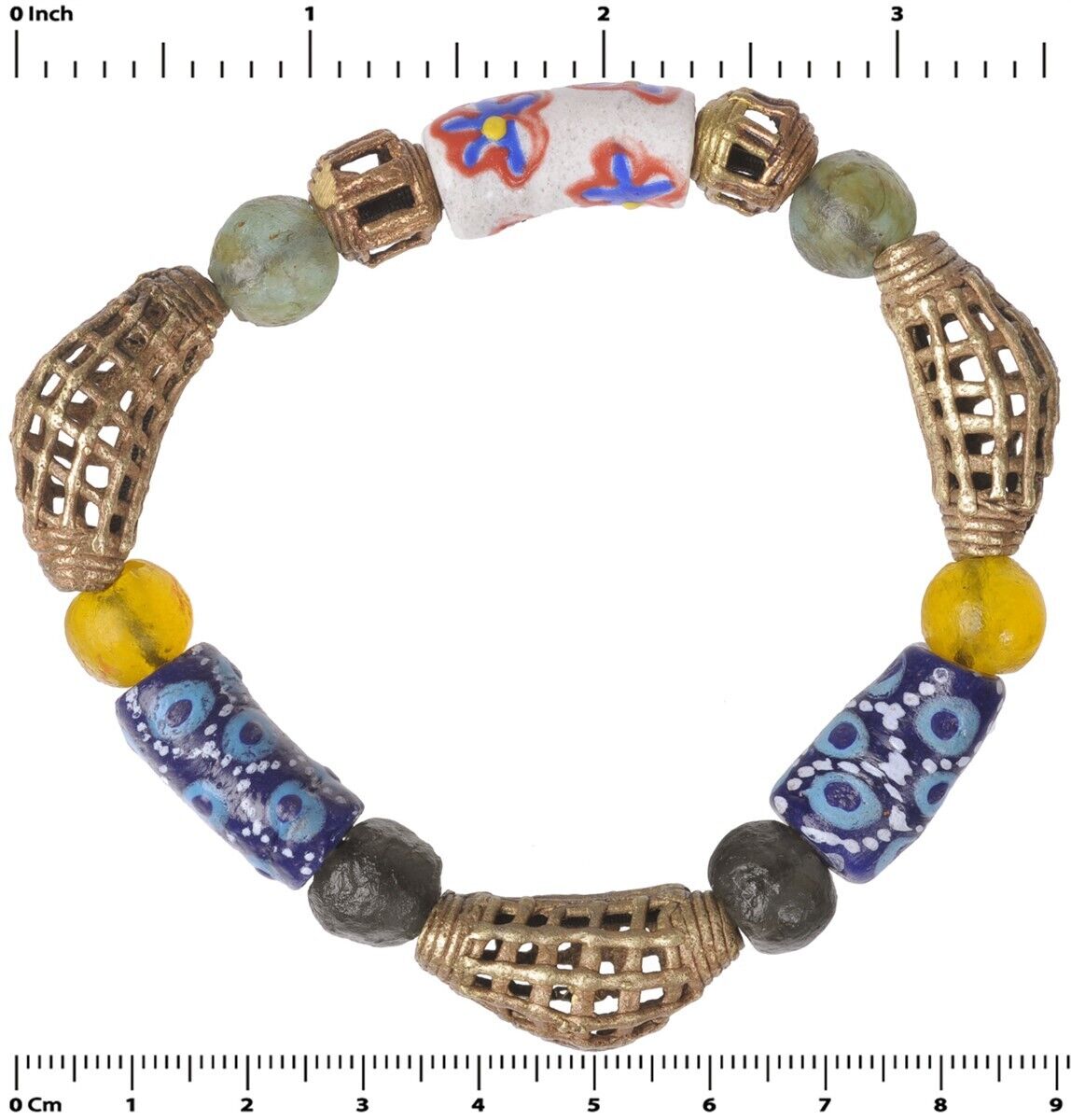 Handmade Beaded Bracelet - Glass & Brass Beads From Ghana - partial view