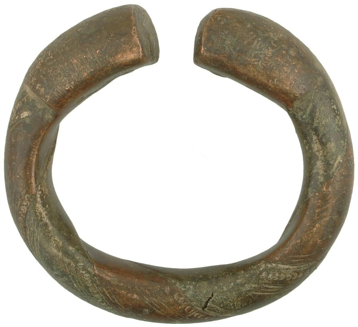 African Art Old Brass Copper Bracelet Currency Ghana / Fulani West Africa - angled shot