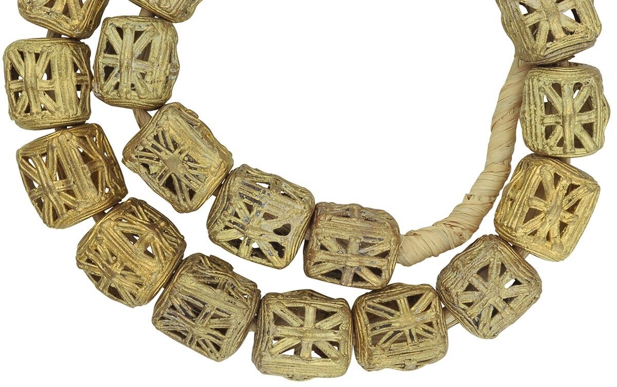 Ashanti Large Cube Brass Beads - 21" Handcrafted Strand - close-up