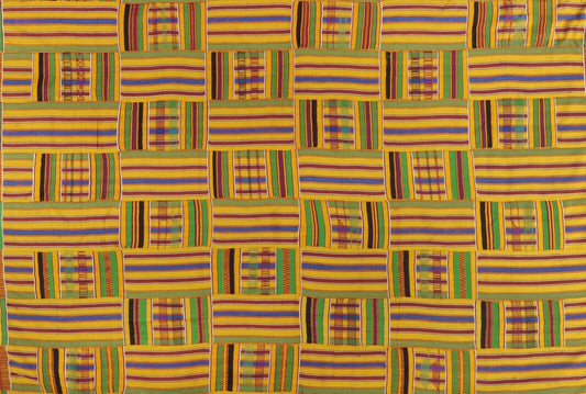 Vintage Handwoven Ashanti Kente Cloth 59¼″×38″ – 1960s–70s Woman Size