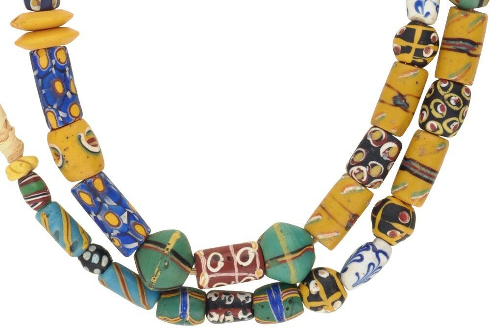 Old African Trade Beads Venetian Wound Glass Fancy French Cross Millefiori Ghana - close-up
