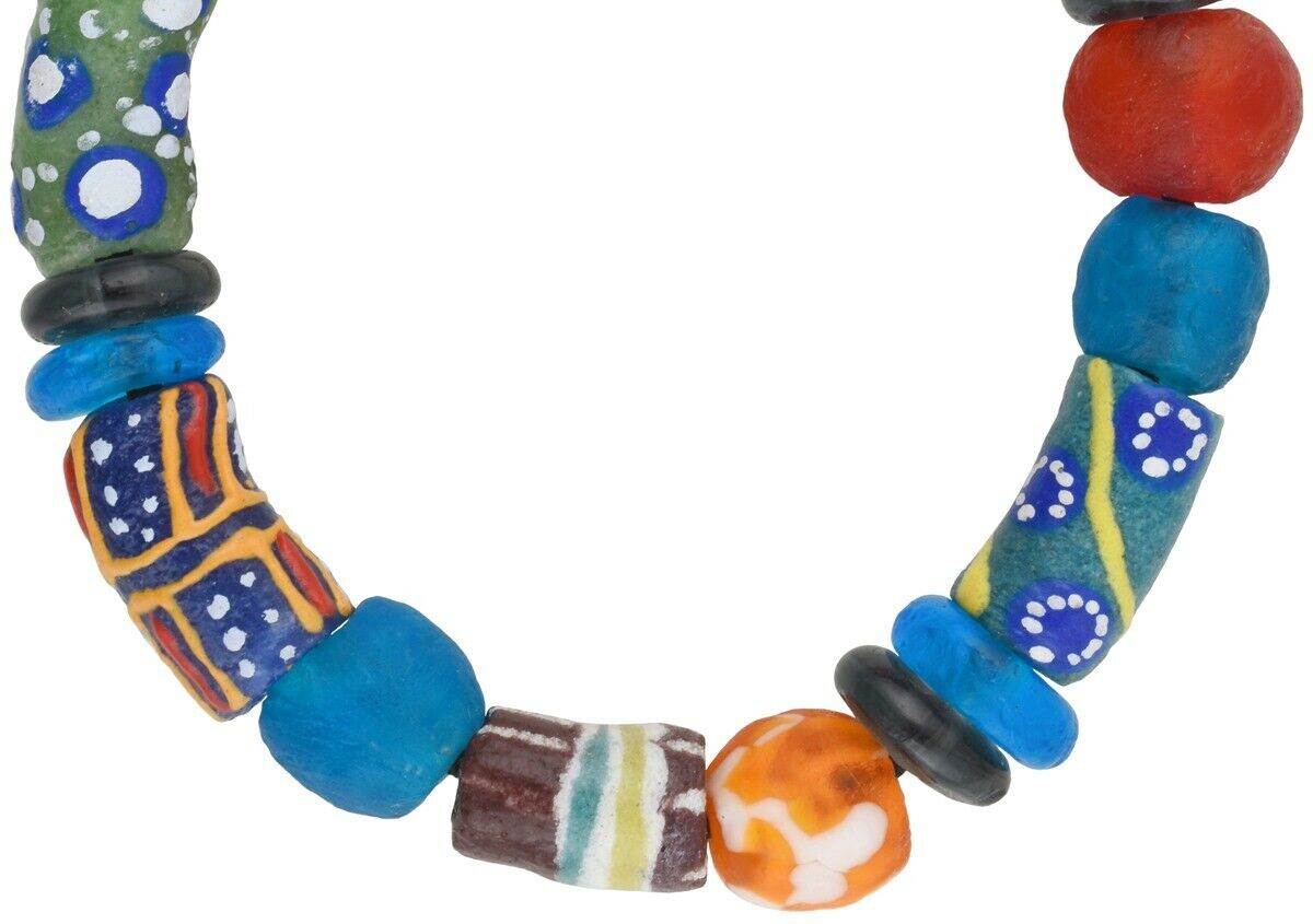 Krobo Trade Beads African Powder Glass Recycled Handmade Stretched Bracelet - close-up