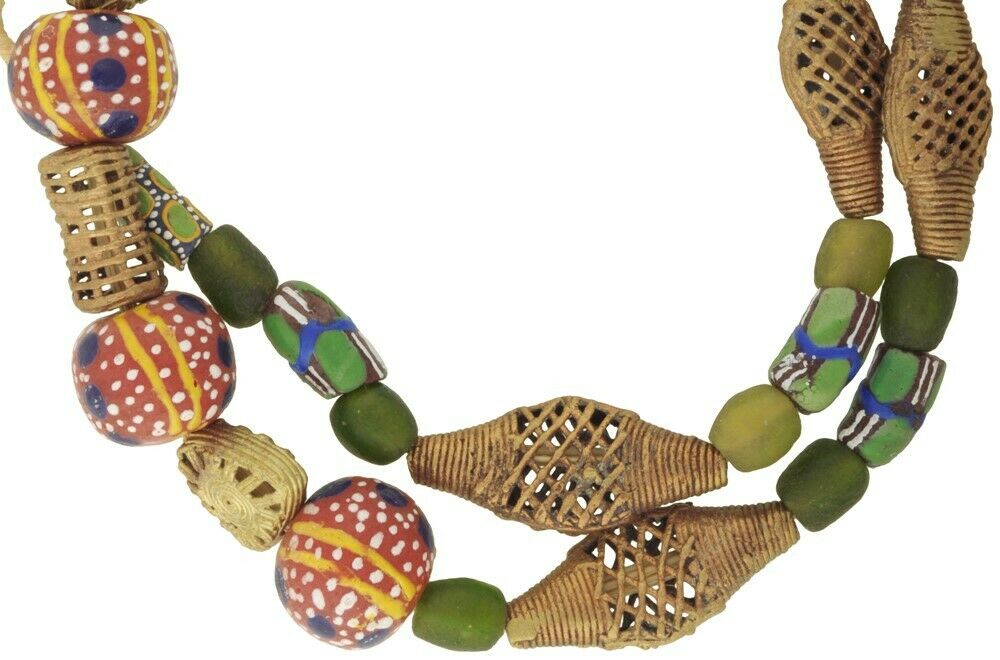 Glass Brass Trade Beads Ashanti Ghana Krobo Powder Glass Ethnic African Necklace - alternate view