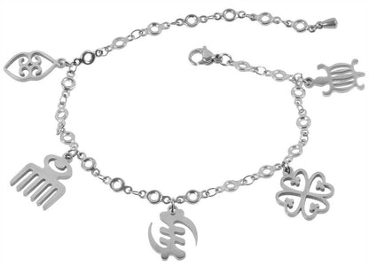 African Adinkra Symbols Stainless Steel Charm Bracelet Adjustable Ghana Jewelry - focused artwork area