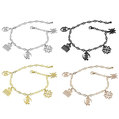 African Adinkra Symbols Stainless Steel Charm Bracelet Adjustable Ghana Jewelry - zoomed-in detail