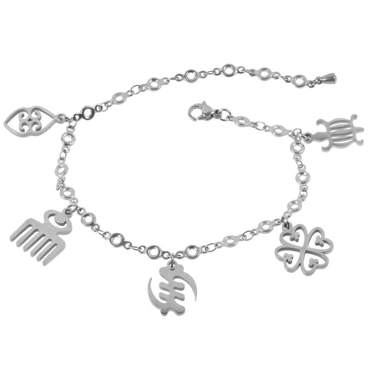 African Adinkra Symbols Stainless Steel Charm Bracelet Adjustable Ghana Jewelry