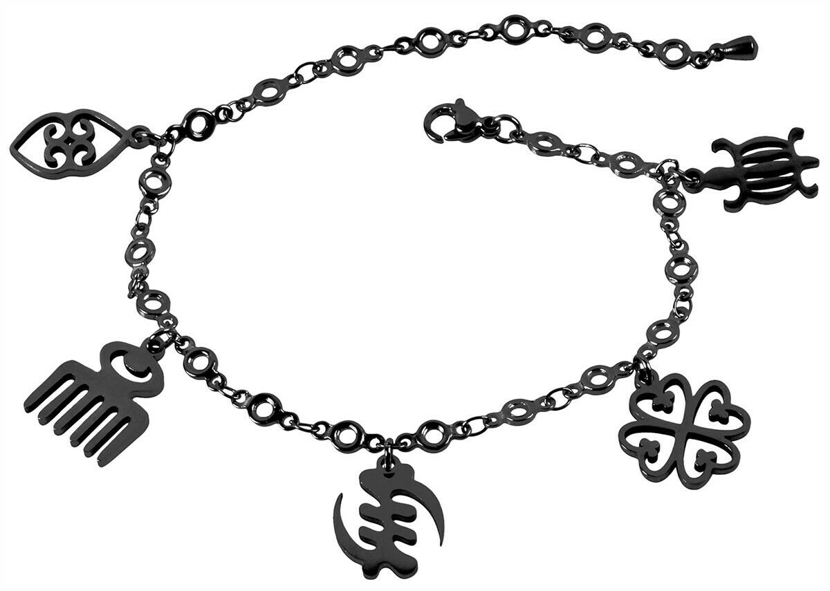 African Adinkra Symbols Stainless Steel Charm Bracelet Adjustable Ghana Jewelry - angled shot