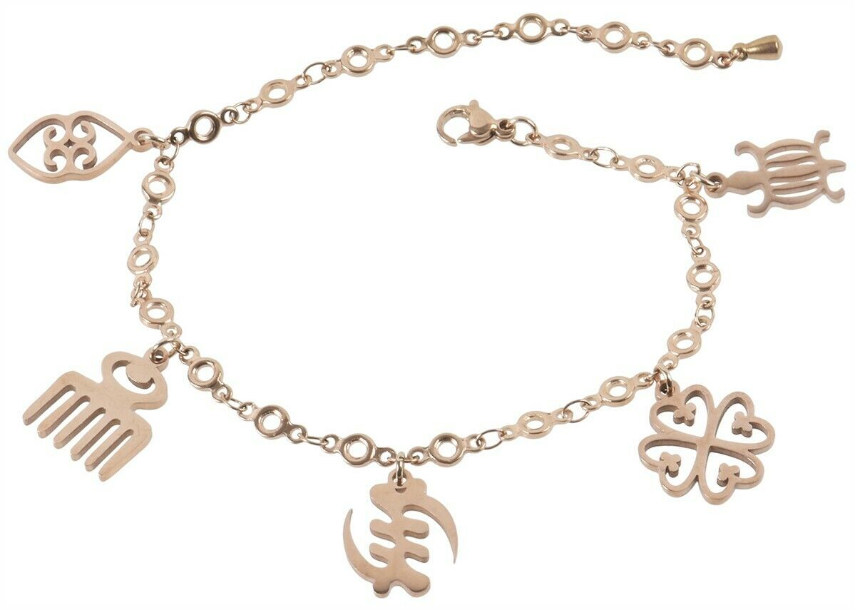 African Adinkra Symbols Stainless Steel Charm Bracelet Adjustable Ghana Jewelry - cropped detail