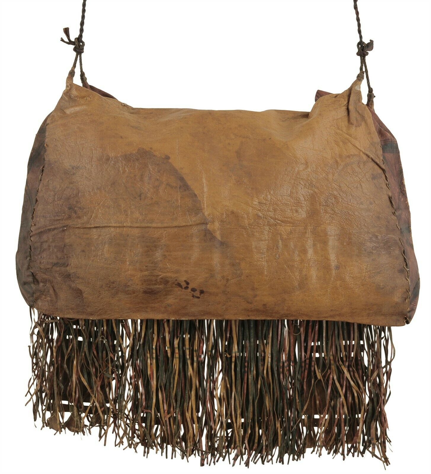 Authentic Tuareg Leather Bag with Colorful Sahara Strips & Fringe