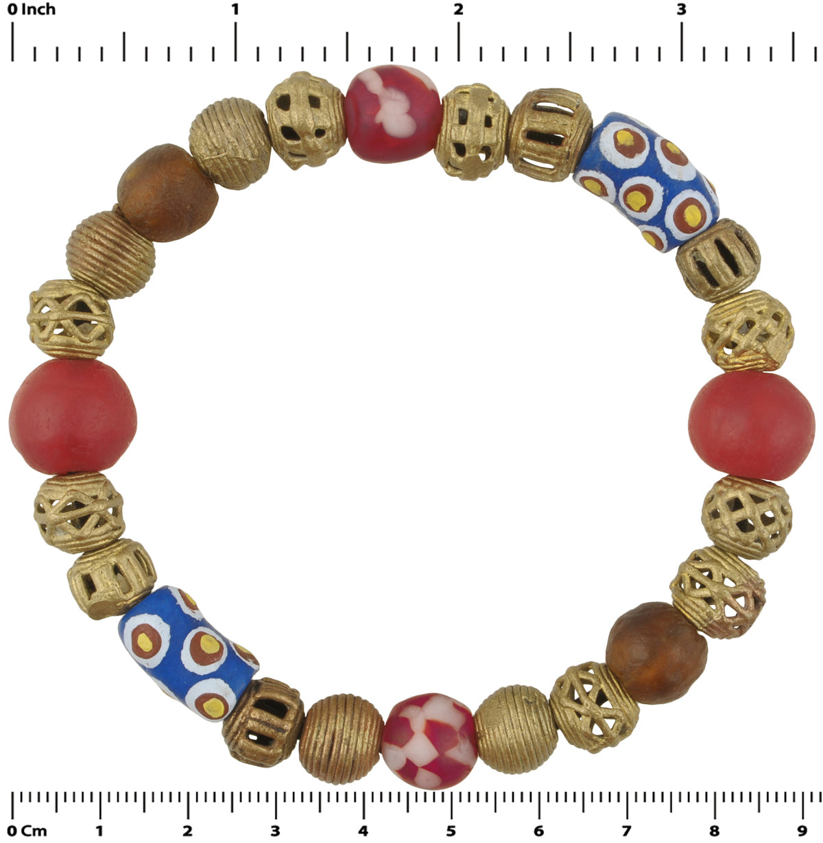 Handmade Beaded Bracelet - African Glass & Brass Beads - zoomed-in detail
