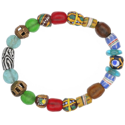 Handmade Beaded Bracelet - African Glass & Brass Beads - angled shot