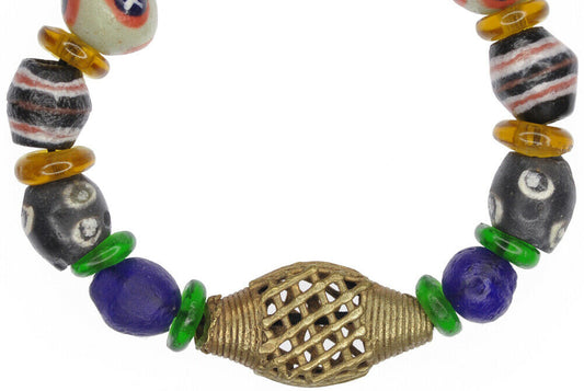 Handmade Beaded Bracelet - Glass & Brass Beads From Ghana - surface close-up