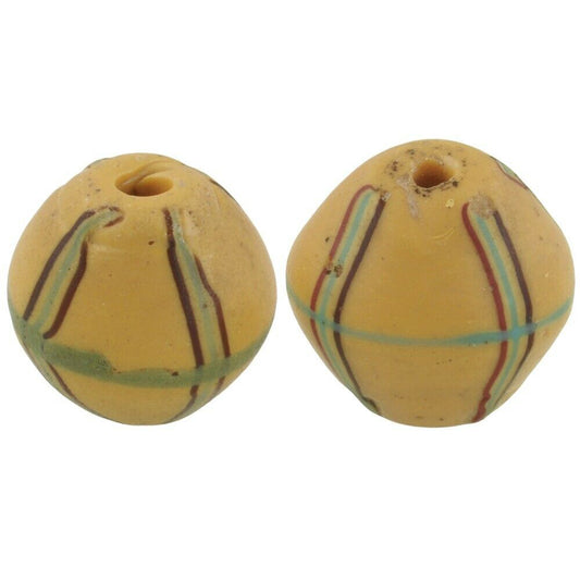 Antique Yellow Bicone African Trade Lampwork Beads With Trail Decor