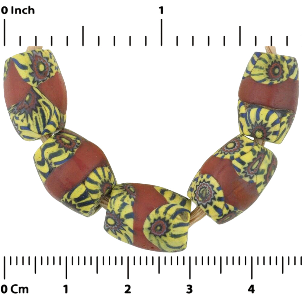 Rare Antique Red Banded Oval Millefiori Venetian Trade Beads - close-up