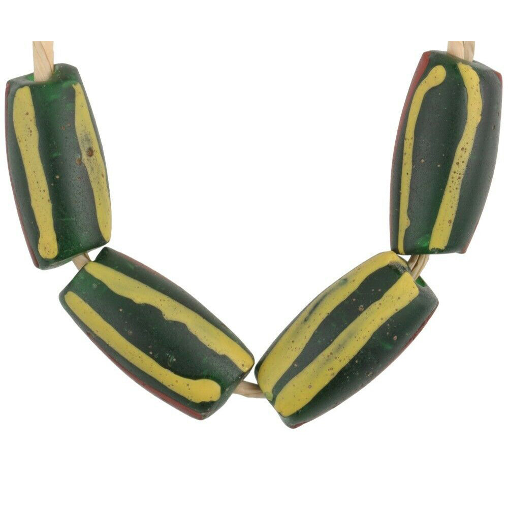 Antique Striped Green Venetian Lampwork African Trade Beads - zoomed-in detail