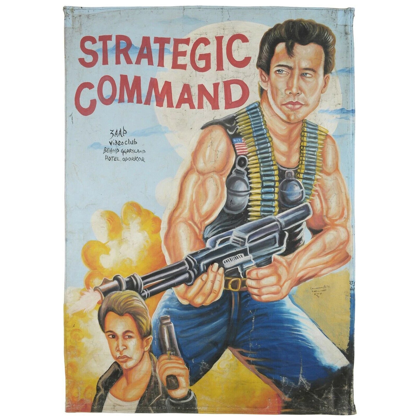 Authentic Hand-Painted "Strategic Command" Ghana Movie Poster - Michael Dudikoff military action scene